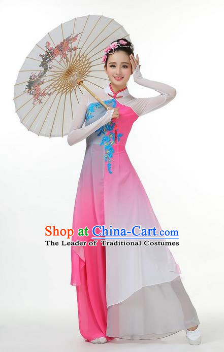 Traditional Chinese Yangge Fan Dancing Costume, Folk Dance Yangko Mandarin Collar Plum Blossom Painting Uniforms, Classic Dance Elegant Big Swing Dress Drum Dance Pink Clothing for Women