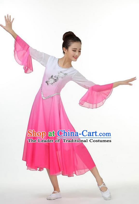 Traditional Chinese Yangge Fan Dancing Costume, Folk Dance Yangko Mandarin Sleeve Uniforms, Classic Umbrella Dance Elegant Big Swing Dress Drum Dance Pink Clothing for Women