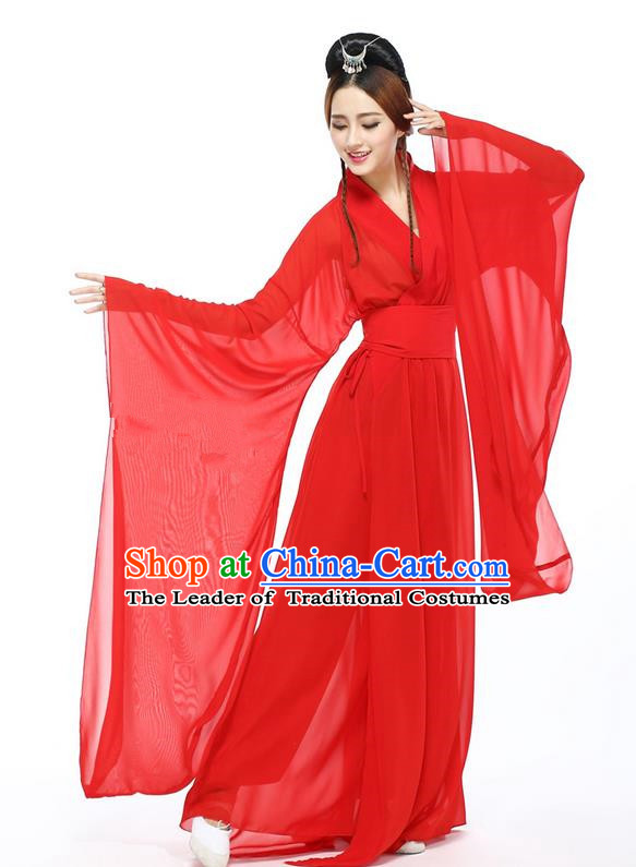 Traditional Chinese Ancient Yangge Fan Dancing Costume, Folk Dance Long Wide Sleeve Uniforms, Classic Flying Dance Elegant Fairy Dress Drum Palace Lady Dance Red Clothing for Women