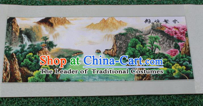 Traditional Chinese Miao Nationality Minority Crafts Hmong Xiangxi Embroidery Decorative Paintings, Embroidery Mountains-and-Waters Scroll Painting for Friends