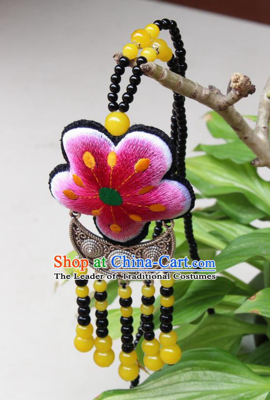 Traditional Chinese Miao Nationality Crafts Jewelry Accessory, Hmong Handmade Black Beads Tassel Double Side Embroidery Flowers Pendant, Miao Ethnic Minority Necklace Accessories Sweater Chain Pendant for Women