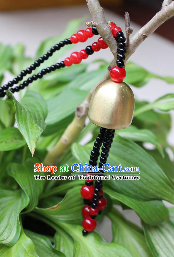 Traditional Chinese Miao Nationality Crafts Jewelry Accessory, Hmong Handmade Copper Bell Beads Tassel Pendant, Miao Ethnic Minority Avoid Evil Necklace Accessories Sweater Chain Pendant for Women