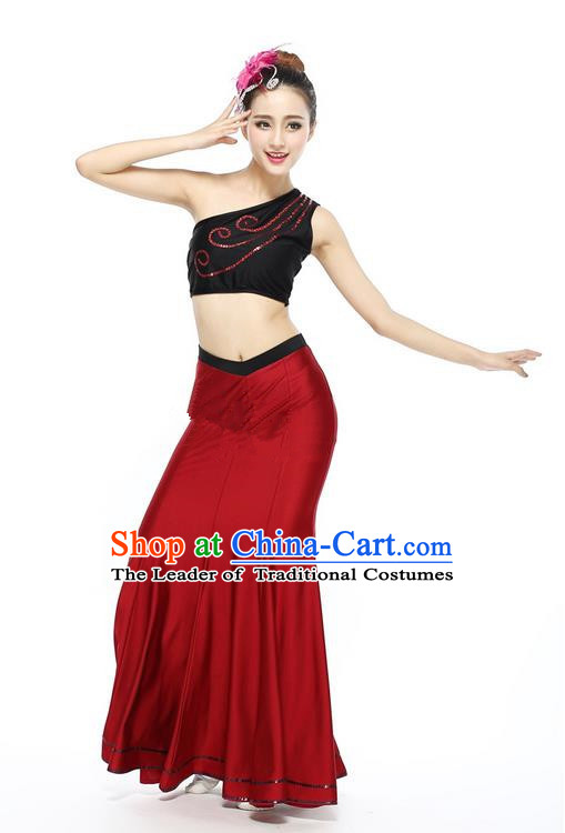 Traditional Chinese Dai Nationality Peacock Dancing Costume, Folk Dance Ethnic Paillette Tassel Fishtail Dress Palace Princess Uniform, Chinese Minority Nationality Dancing Black Clothing for Women