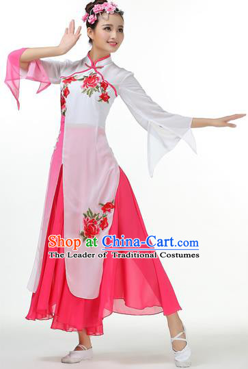 Traditional Chinese Yangge Fan Dancing Costume, Folk Dance Yangko Mandarin Collar Peony Painting Uniforms, Classic Lotus Dance Elegant Big Swing Dress Drum Dance Pink Clothing for Women