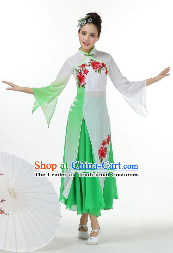 Traditional Chinese Yangge Fan Dancing Costume, Folk Dance Yangko Mandarin Collar Peony Painting Uniforms, Classic Lotus Dance Elegant Big Swing Dress Drum Dance Green Clothing for Women