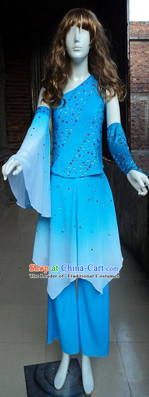 Traditional Chinese Yangge Fan Dancing Costume, Folk Dance Yangko Mandarin Sleeve Blouse and Pants Uniforms, Classic Umbrella Dance Elegant Dress Drum Dance Blue Clothing for Women