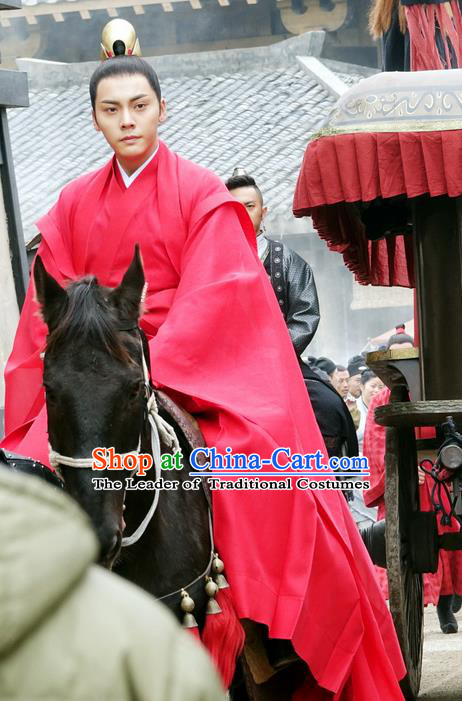 Traditional Ancient Chinese Nobility Childe Wedding Costume, Elegant Hanfu Western Wei Dynasty Imperial Prince Red Clothing, Chinese Northern Dynasties Swordsman Clothing for Men