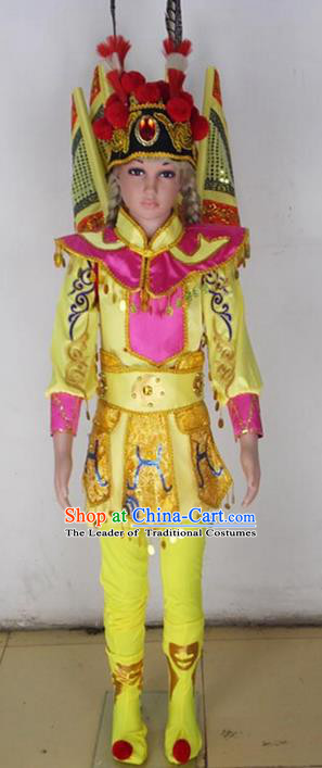 Traditional Chinese Peking Opera KnifeHorseDawn Costume and Hat Complete Set, Chinese Swordsman Children Uniforms, Classic Dance Elegant Dress Drum Dance Yellow Clothing for Kids