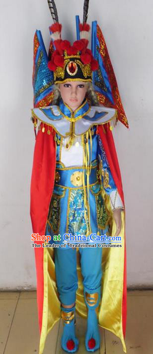 Traditional Chinese Peking Opera KnifeHorseDawn Costume and Hat Complete Set, Chinese Swordsman Children Uniforms, Classic Dance Elegant Dress Drum Dance Blue Clothing for Kids
