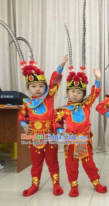 Traditional Chinese Peking Opera KnifeHorseDawn Costume and Hat Complete Set, Chinese Swordsman Children Uniforms, Classic Dance Elegant Dress Drum Dance Red Clothing for Kids
