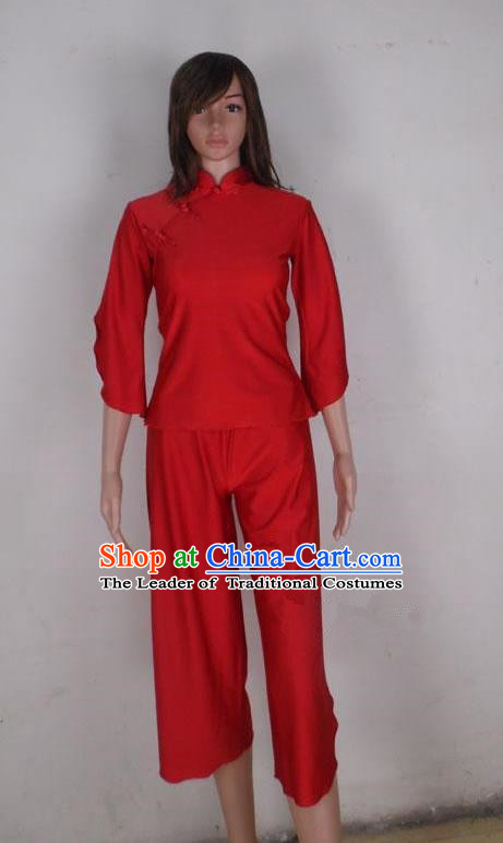 Traditional Chinese Yangge Fan Dancing Costume, Folk Dance Yangko Mandarin Collar Red Blouse and Pants Uniforms, Classic Lotus Dance Elegant Dress Drum Dance Clothing for Women