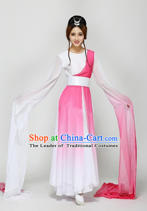 Traditional Chinese Ancient Yangge Fan Dancing Costume, Folk Dance Long Water Sleeve Dance Uniforms, Classic Tang Dynasty Flying Dance Elegant Fairy Dress Drum Palace Dance Pink Clothing for Women