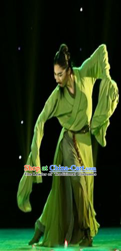 Traditional Chinese Ancient Yangge Fan Dancing Costume, Folk Dance Water Sleeve Uniforms, Classic Tang Dynasty Male Dance Elegant Dress Drum Palace Dance Green Clothing for Men