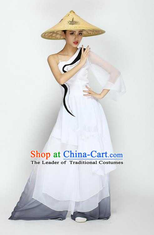 Traditional Chinese Classical Bamboo Hat Dancing Costume, Folk Dance Uniforms, Classic Straw Hat Dance Dress Elegant Drum Dance Clothing for Women