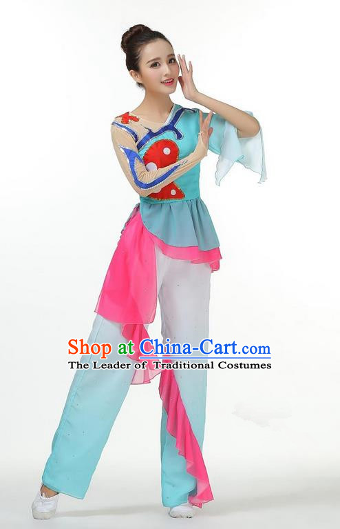 Traditional Chinese Yangge Fan Dancing Costume, Folk Dance Yangko Mandarin Sleeve Blouse and Pants Butterfly Uniforms, Classic Lotus Dance Elegant Dress Drum Dance Clothing for Women