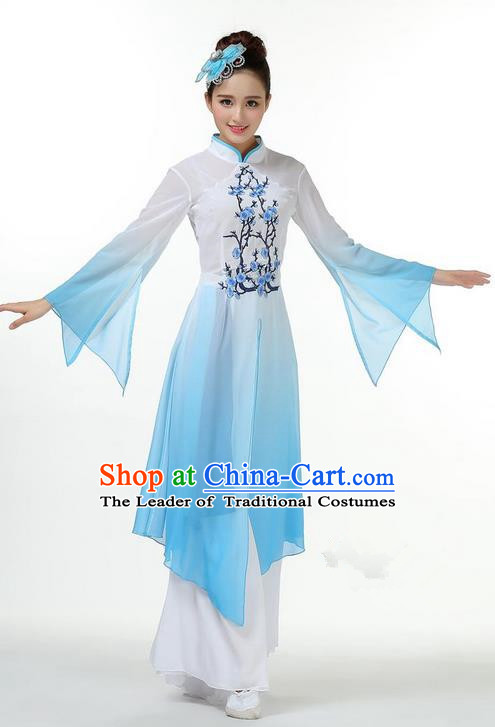 Traditional Chinese Yangge Fan Dancing Costume, Folk Dance Yangko Mandarin Sleeve Dress and Pants Plum Blossom Uniforms, Classic Umbrella Dance Elegant Dress Drum Dance Blue Clothing for Women