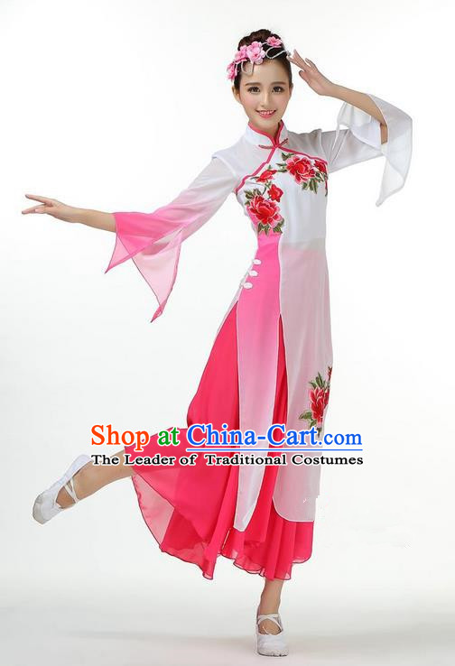 Traditional Chinese Yangge Fan Dancing Costume, Folk Dance Yangko Mandarin Sleeve Dress and Pants Peony Uniforms, Classic Umbrella Dance Elegant Dress Drum Dance Pink Clothing for Women