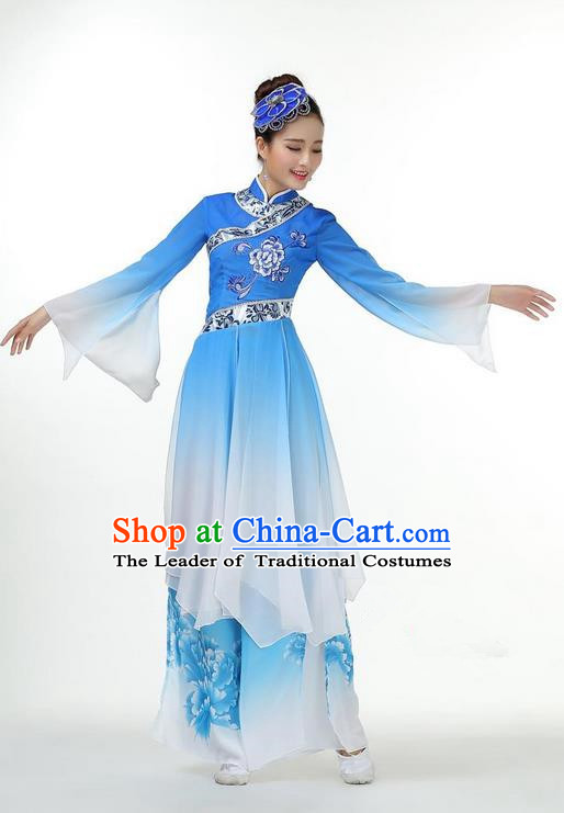 Traditional Chinese Yangge Fan Dancing Costume, Folk Dance Yangko Mandarin Collar Dress and Pants Paillette Peony Uniforms, Classic Umbrella Lotus Dance Elegant Dress Drum Dance Blue Clothing for Women