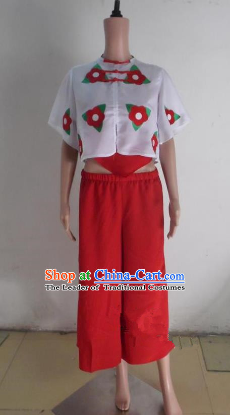 Traditional Chinese Yangge Fan Dancing Costume, Folk Dance Short Sleeve Blouse and Pants Uniforms, Classic Lotus Dance Elegant Dress Drum Dance Clothing for Women