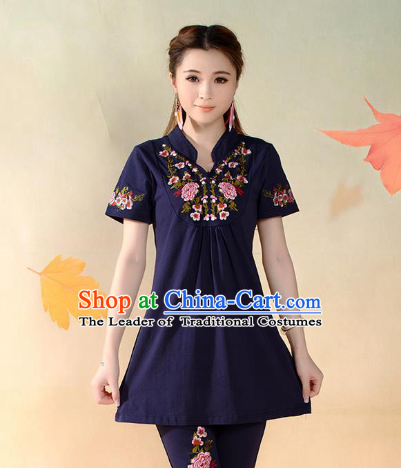 Traditional Ancient Chinese National Costume, Elegant Hanfu T-Shirt, China Tang Suit Mandarin Collar Navy Blouse Cheongsam Upper Outer Garment Clothing for Women