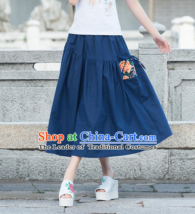 Traditional Ancient Chinese National Pleated Skirt Costume, Elegant Hanfu Embroidered Peony Long Dress, China Tang Suit Cotton Blue Bust Skirt for Women