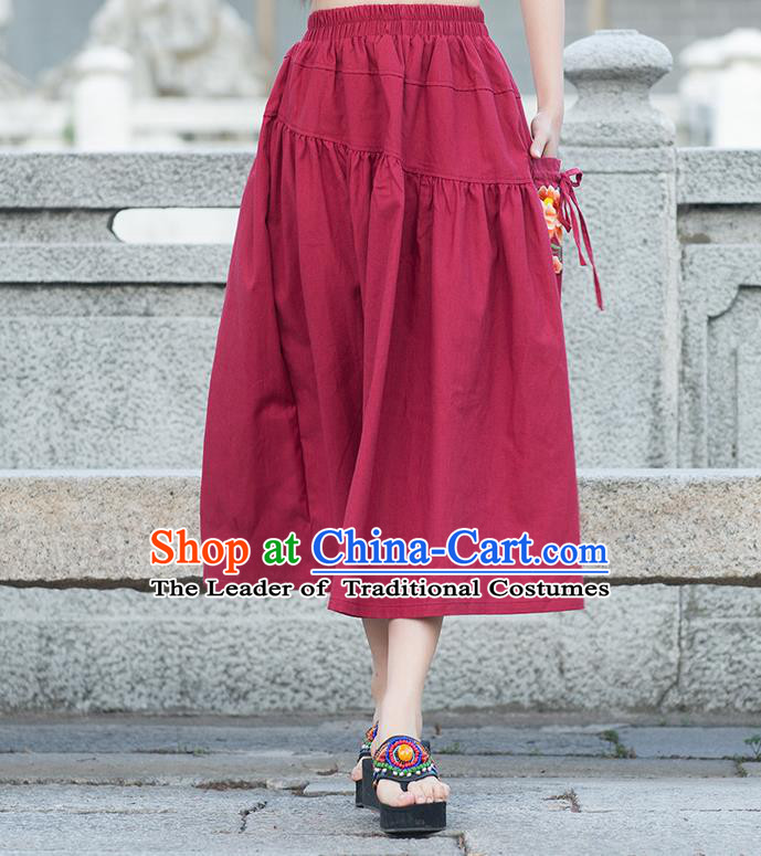 Traditional Ancient Chinese National Pleated Skirt Costume, Elegant Hanfu Embroidered Peony Long Dress, China Tang Suit Cotton Red Bust Skirt for Women