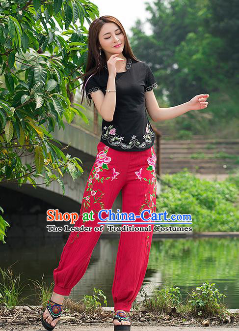 Traditional Ancient Chinese National Costume Plus Fours, Elegant Hanfu Embroidered Peony Pants, China Tang Suit Cotton Red Bloomers for Women