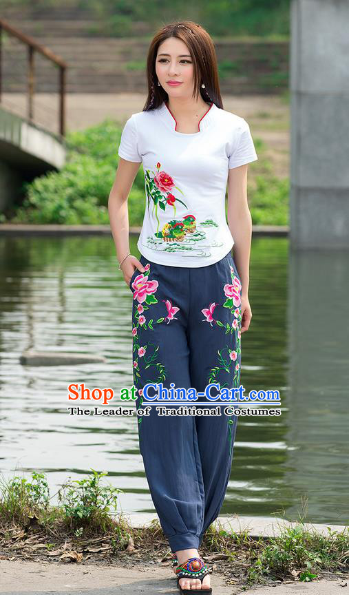 Traditional Ancient Chinese National Costume Plus Fours, Elegant Hanfu Embroidered Peony Pants, China Tang Suit Cotton Blue Bloomers for Women