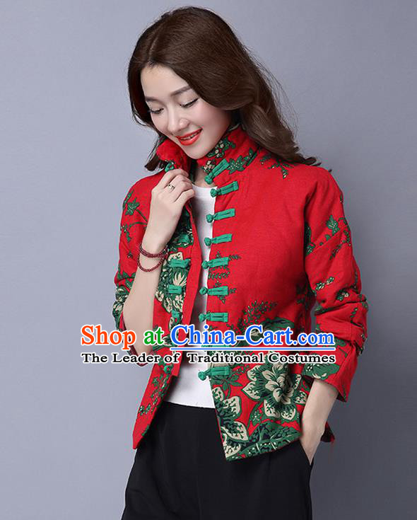 Traditional Ancient Chinese National Costume, Elegant Hanfu Coat, China Tang Suit Stand Collar Cotton-Padded Coat, Upper Outer Garment Embroidered Red Jacket Clothing for Women