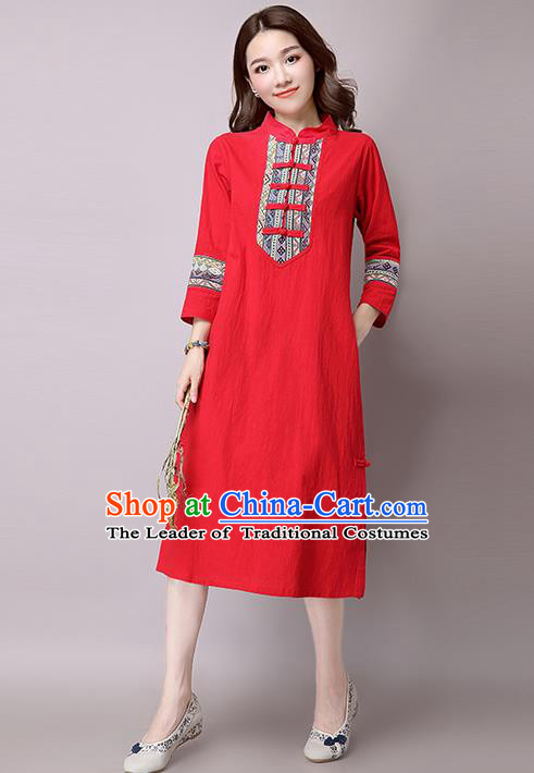 Traditional Ancient Chinese National Costume, Elegant Hanfu Stand Collar Embroidered Dress, China Tang Suit Mandarin Collar Cheongsam Upper Outer Garment Red Dress Clothing for Women