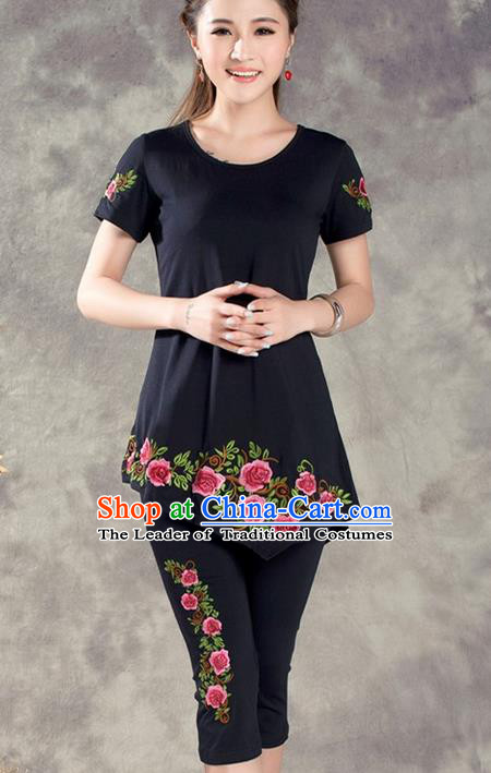 Traditional Ancient Chinese National Costume, Elegant Hanfu Embroidered T-Shirt and Pants, China Tang Suit Embroidered Black Blouse Cheongsam Upper Outer Garment Clothing for Women