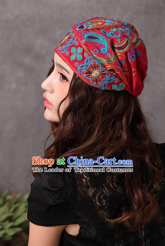 Traditional Chinese National Embroidered Crafts Headgear, China National Minority Handmade Embroidered Red Hat for Women