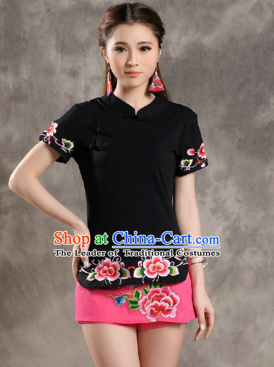 Traditional Ancient Chinese National Costume, Elegant Hanfu Shirt, China Tang Suit Embroidered Black Blouse Cheongsam Upper Outer Garment Clothing for Women