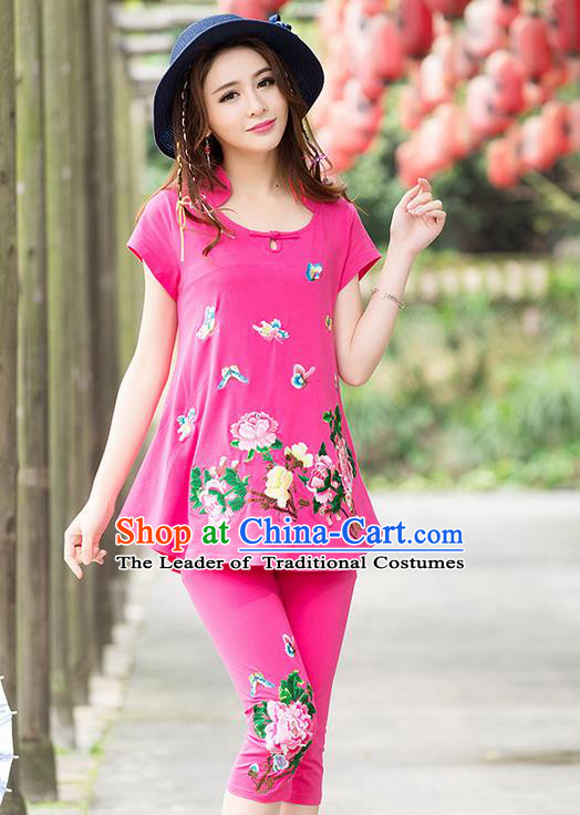 Traditional Ancient Chinese National Costume, Elegant Hanfu Embroidered T-Shirt and Pants, China Tang Suit Embroidered Butterfly Pink Blouse Cheongsam Upper Outer Garment Clothing for Women