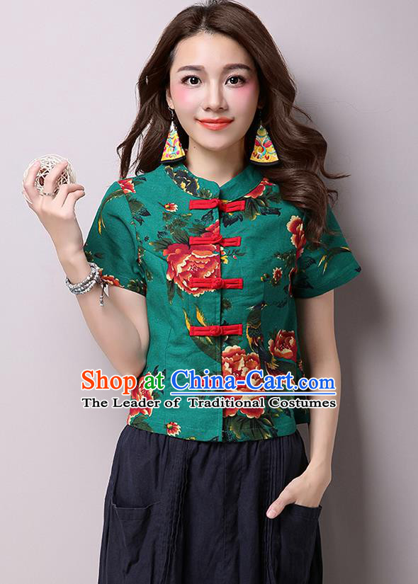 Traditional Ancient Chinese National Costume, Elegant Hanfu Plated Buttons Shirt, China Tang Suit Green Blouse Cheongsam Upper Outer Garment Shirts Clothing for Women