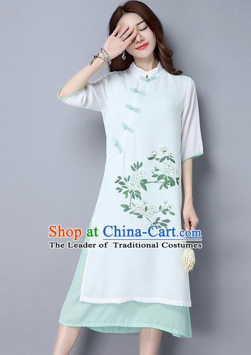 Traditional Ancient Chinese National Costume, Elegant Hanfu Hand Printing Stand Collar Dress, China Tang Suit Cheongsam Upper Outer Garment White Blue Elegant Dress Clothing for Women