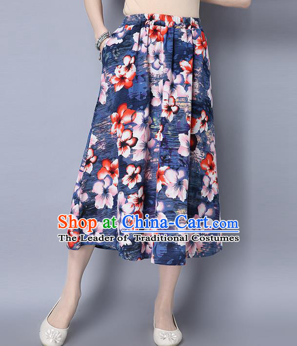 Traditional Ancient Chinese National Pleated Skirt Costume, Elegant Hanfu Printing Big Swing Long Dress, China Tang Suit Cotton Navy Bust Skirt for Women