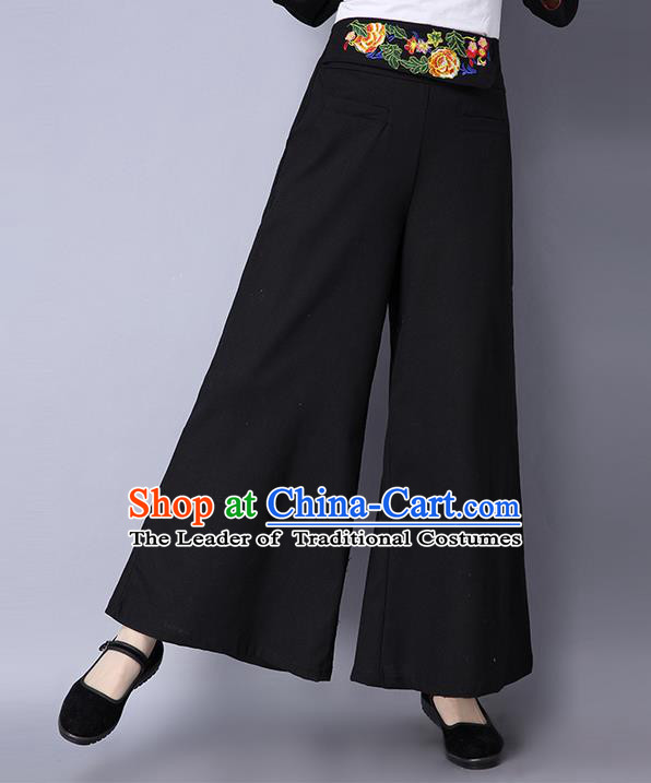 Traditional Ancient Chinese National Costume Loose Pants, Elegant Hanfu Embroidered Belt Pants, China Tang Suit Linen Black Wide Leg Pants for Women