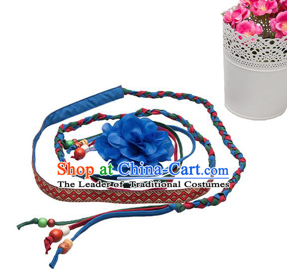 Traditional Chinese National Crafts Female Waistband, Handmade Blue Flowers Embroidery Belt Accessories Pendant for Women