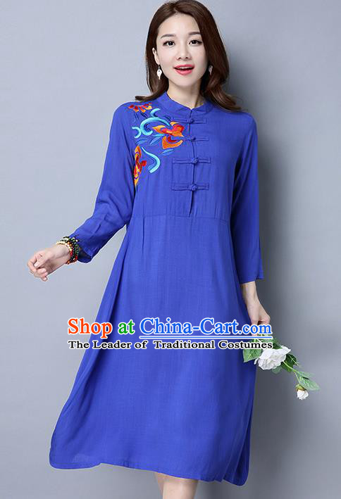 Traditional Ancient Chinese National Costume, Elegant Hanfu Linen Plated Buttons Blue Embroidery Dress, China Tang Suit Cheongsam Upper Outer Garment Elegant Dress Clothing for Women