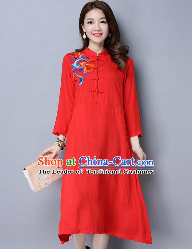 Traditional Ancient Chinese National Costume, Elegant Hanfu Linen Plated Buttons Blue Embroidery Qipao Dress, China Tang Suit Cheongsam Upper Outer Garment Elegant Dress Clothing for Women