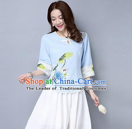 Traditional Ancient Chinese National Costume, Elegant Hanfu Painting Lotus T-Shirt, China Tang Suit Blue Blouse Cheongsam Upper Outer Garment Qipao Shirts Clothing for Women