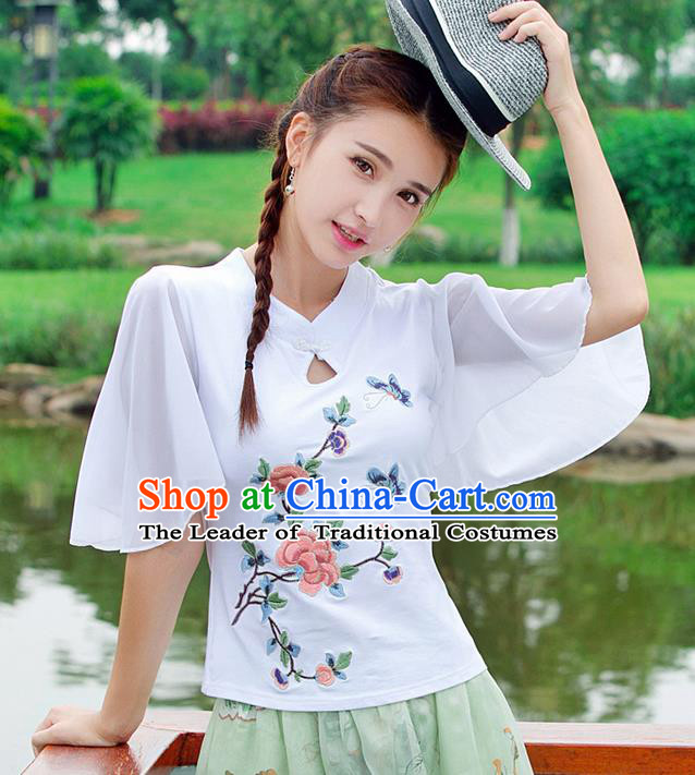 Traditional Ancient Chinese National Costume, Elegant Hanfu Embroidered Butterfly Flowers White T-Shirt, China Tang Suit Embroidered Chiffon Blouse Cheongsam Upper Outer Garment Qipao Shirts Clothing for Women