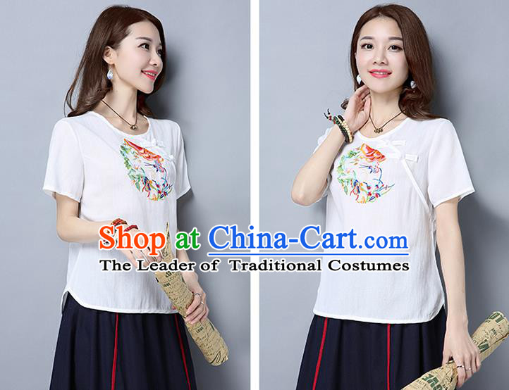 Traditional Ancient Chinese National Costume, Elegant Hanfu Short Sleeve Plated Buttons T-Shirt, China Tang Suit Embroidered White Blouse Cheongsam Upper Outer Garment Shirts Clothing for Women
