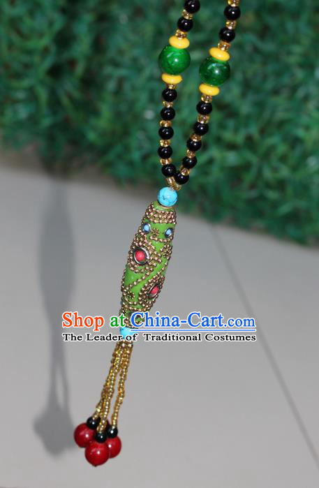 Traditional Chinese Miao Nationality Crafts Jewelry Accessory, Hmong Handmade Black Beads Tassel Green Pendant, Miao Ethnic Minority Necklace Accessories Sweater Chain Pendant for Women
