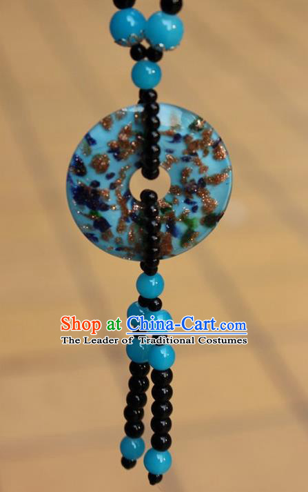 Traditional Chinese Miao Nationality Crafts Jewelry Accessory, Hmong Handmade Black Beads Tassel Blue Pendant, Miao Ethnic Minority Necklace Accessories Sweater Chain Pendant for Women