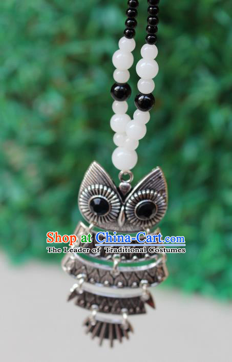 Traditional Chinese Miao Nationality Crafts Jewelry Accessory, Hmong Handmade Black Beads Tassel Owl Pendant, Miao Ethnic Minority Necklace Accessories Sweater Chain Pendant for Women