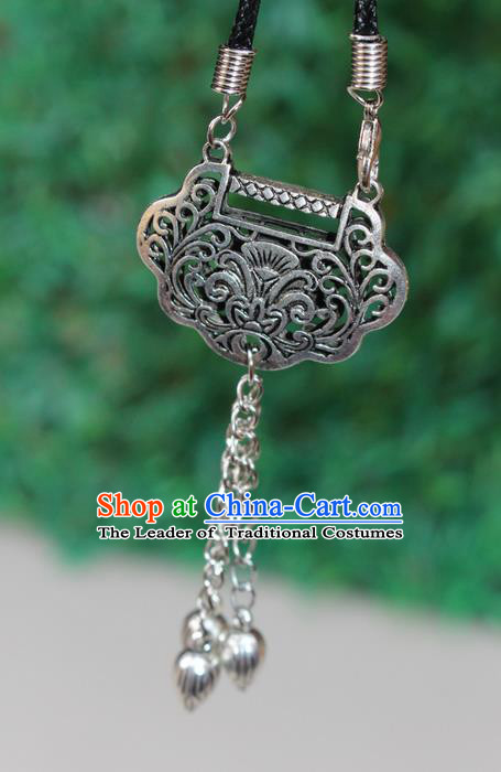 Traditional Chinese Miao Nationality Crafts Jewelry Accessory, Hmong Handmade Miao Silver Bells Tassel Longevity Lock Pendant, Miao Ethnic Minority Necklace Accessories Sweater Chain Pendant for Women