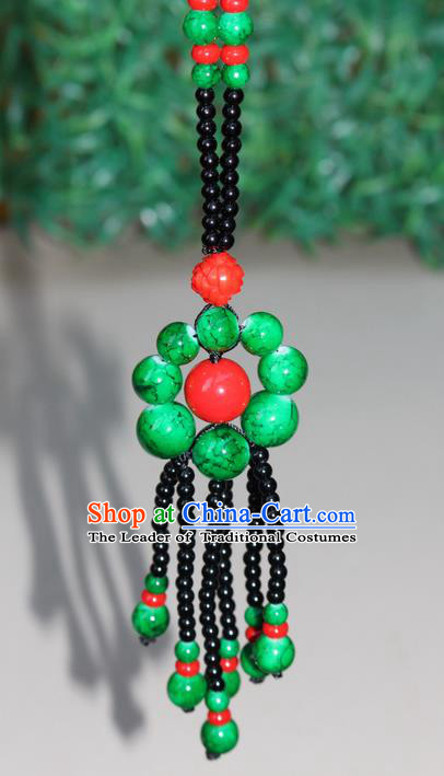 Traditional Chinese Miao Nationality Crafts Jewelry Accessory, Hmong Handmade Beads Tassel Green Flowers Pendant, Miao Ethnic Minority Necklace Accessories Sweater Chain Pendant for Women