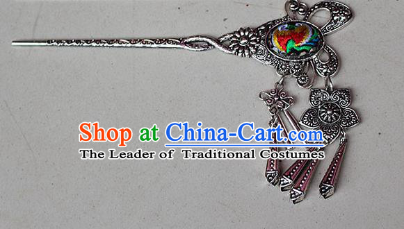 Traditional Chinese Miao Nationality Crafts Jewelry Accessory Classical Hair Accessories, Hmong Handmade Miao Silver Butterfly Palace Lady Tassel Embroidery Hair Sticks Hair Claw, Miao Ethnic Minority Hair Fascinators Hairpins for Women